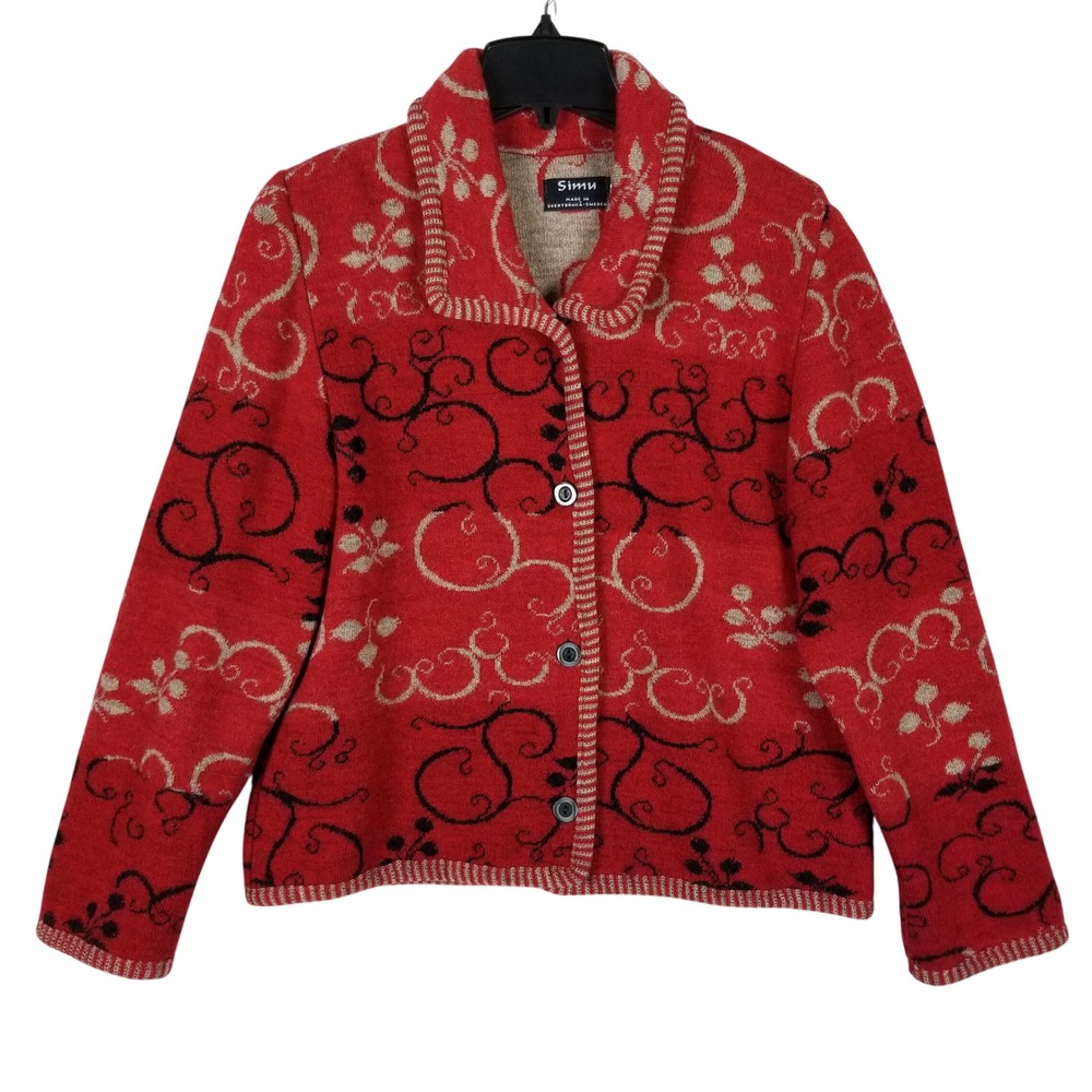 Simu‎ Cardigan Sweater Women Medium Red Merino Wool Scroll Knit Made in Sweden